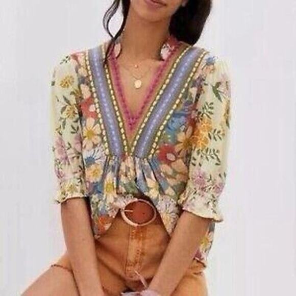 Anthropologie x bl-nk Tops - Anthropologie BL-nk London Stephaine Vneck Top Blue Yellow Floral size small